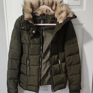 New York & Company Olive Puffer Jacket with Faux Fur Trim